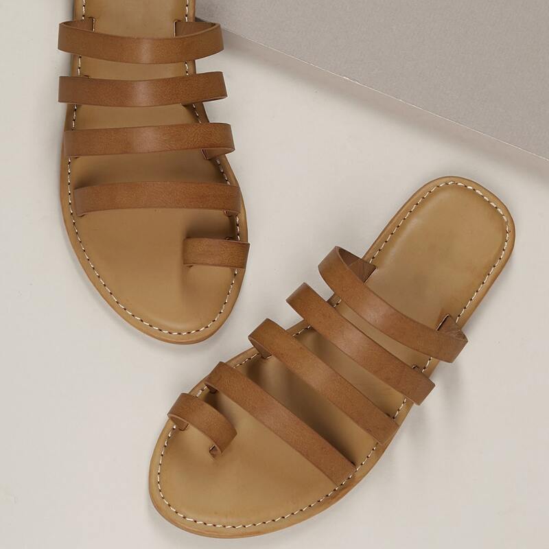 

Top Loop Multi Strap Slide On Flat Sandals, Brown