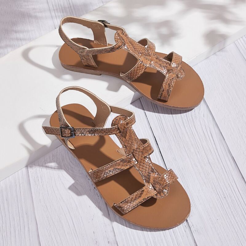 

Snakeskin Buckle Strap Sandals, Brown