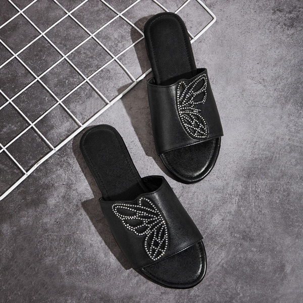 

Studded Decor Butterfly Pattern Sliders, Black