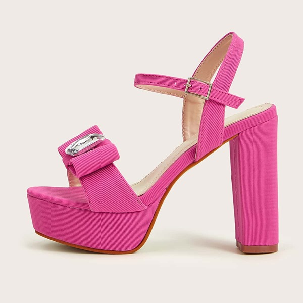 

Rhinestone Decor Ankle Strap Chunky Heels, Pink bright