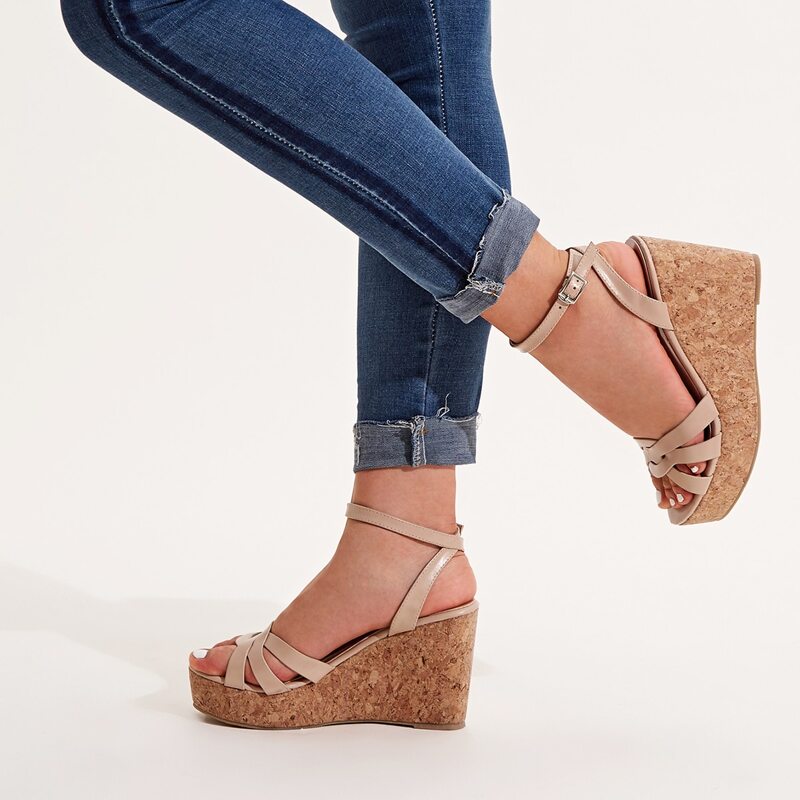 

Open Toe Ankle Strap Cork Wedges, Beige