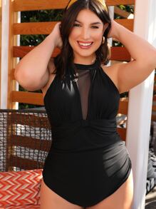 Traje de baño de una pieza con contraste de malla y drapeado, ideal para el verano y las vacaciones en la playa - Negro - Ver 3