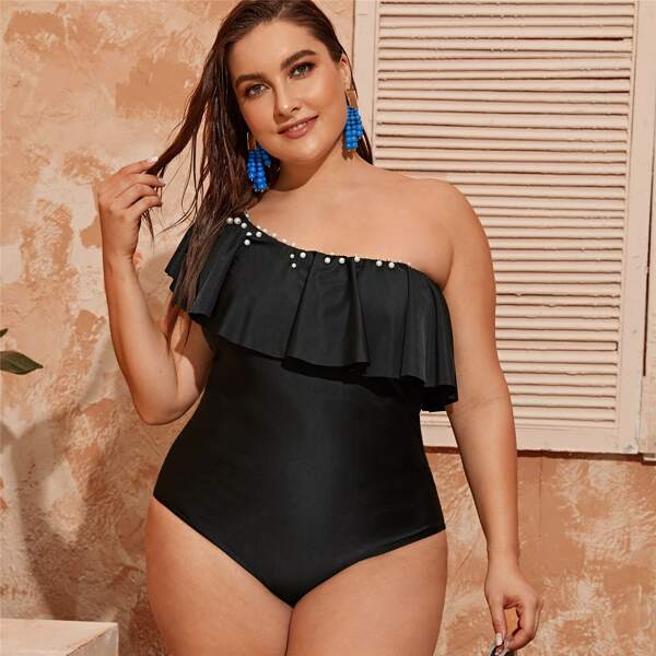

Plus Ruffle Trim Pearl One Piece Swimsuit, Black