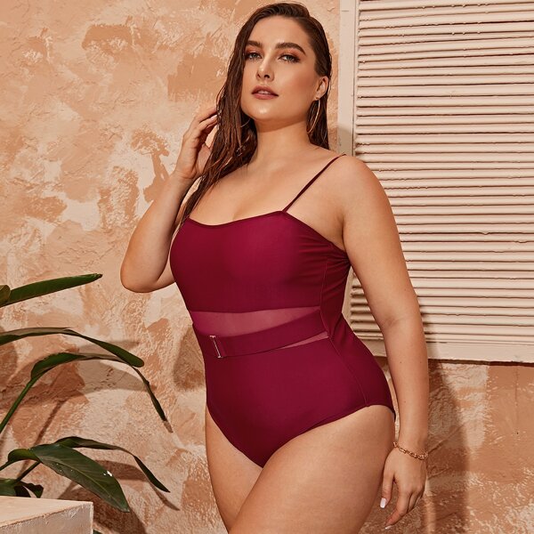 

Plus Contrast Mesh One Piece Swimsuit, Burgundy