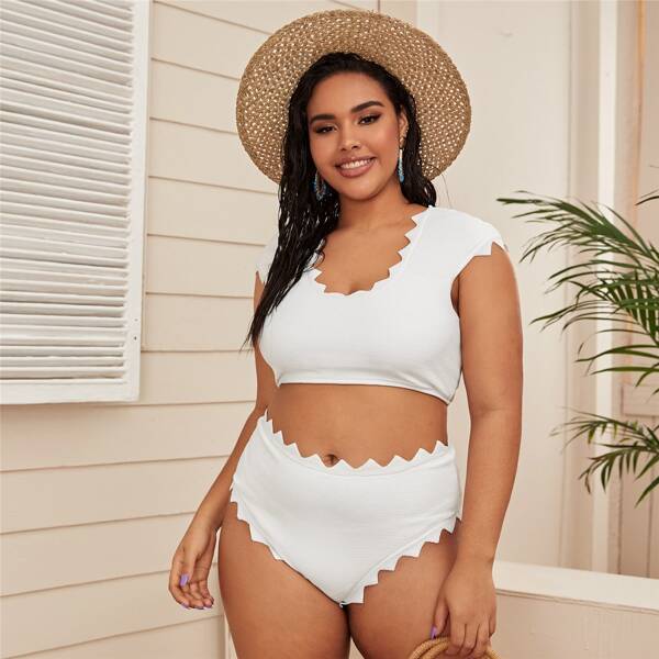 

Plus Scallop Trim High Waisted Bikini Swimsuit, White