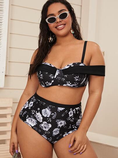 Plus Floral Underwire High Waisted Bikini Swimsuit