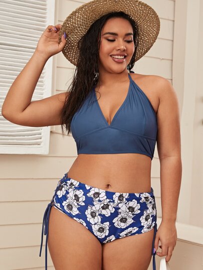 Plus Floral Tie Side High Waist Bikini Swimsuit