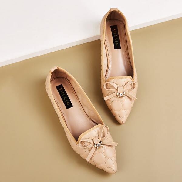 

Bow Decor Stitch Detail Point Toe Flats, Khaki