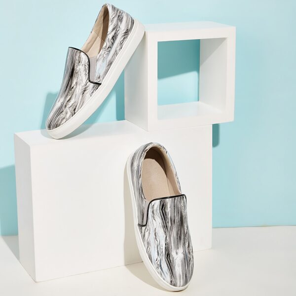 

Marble Print Slip On Sneakers, Black and white