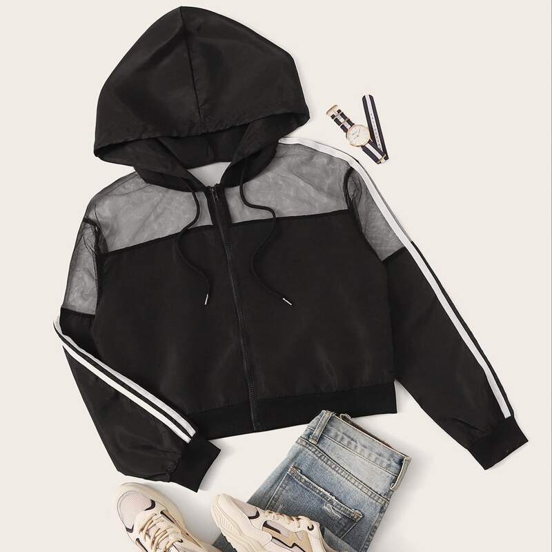 

Contrast Mesh Striped Print Hooded Jacket, Black