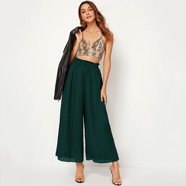 

Paperbag Waist Pleated Wide Leg Pants, Green