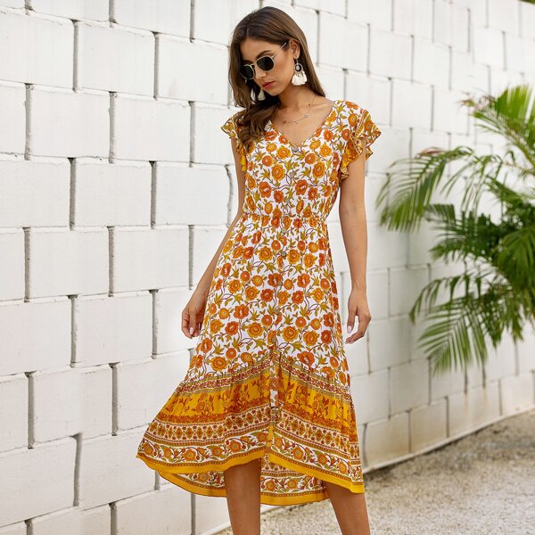 

Floral Print Ruffle Trim A-line Dress, Yellow