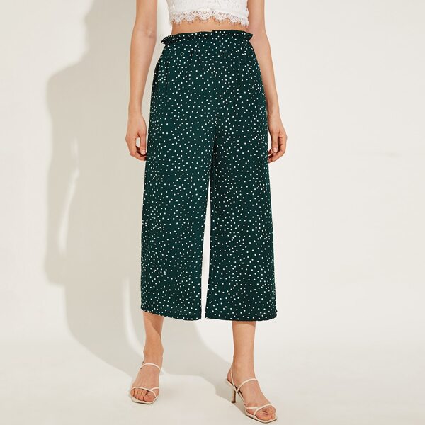 

Polka Dot Paperbag Wide Leg Pants, Green