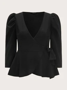 SHEIN Privé Plus Tie Side Wrap Peplum Top - Black - View 1