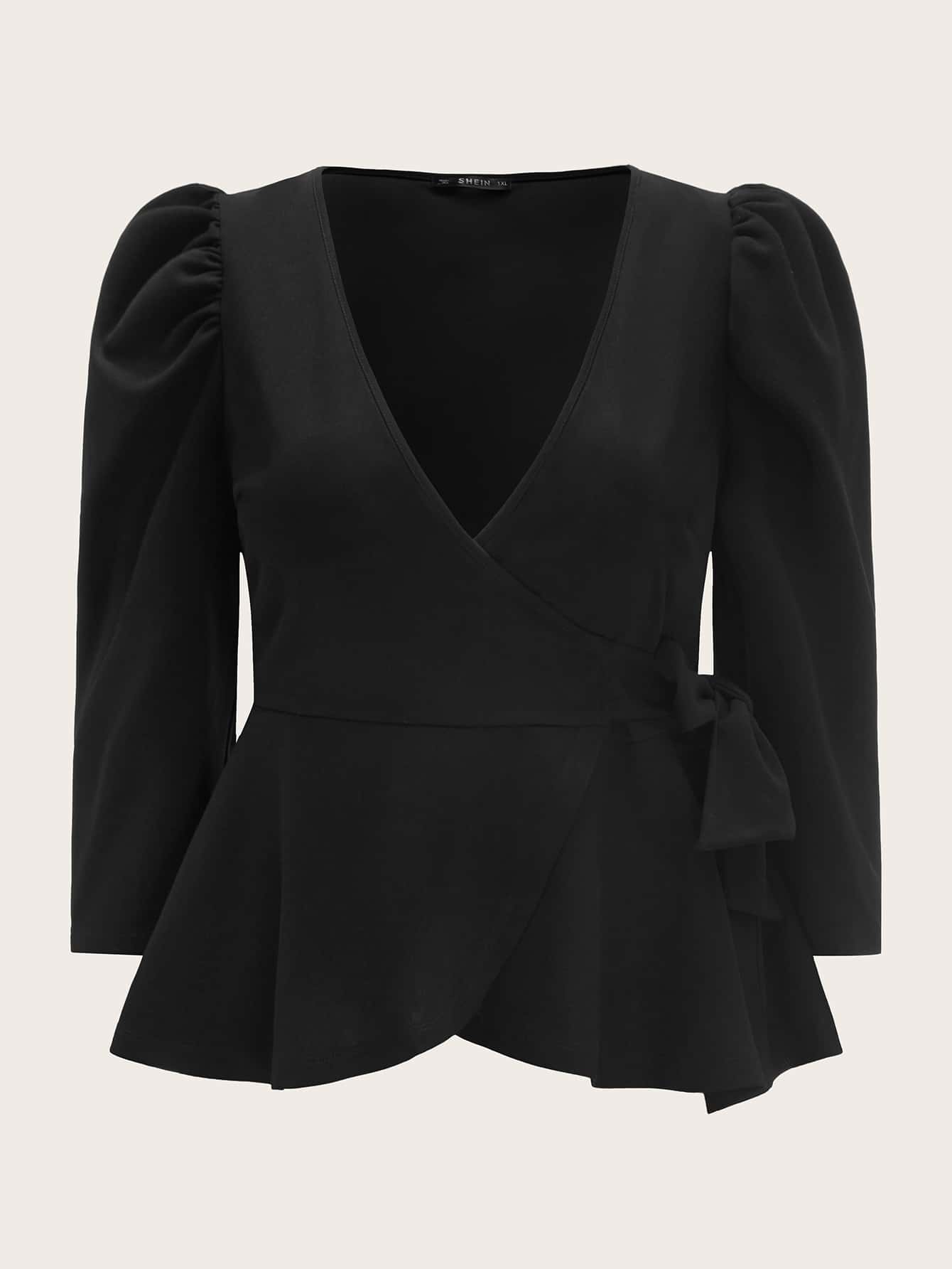 SHEIN Privé Plus Tie Side Wrap Peplum Top - Black - View 1
