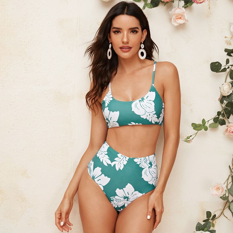 

Floral Print High Waisted Bikini Swimsuit, Multicolor