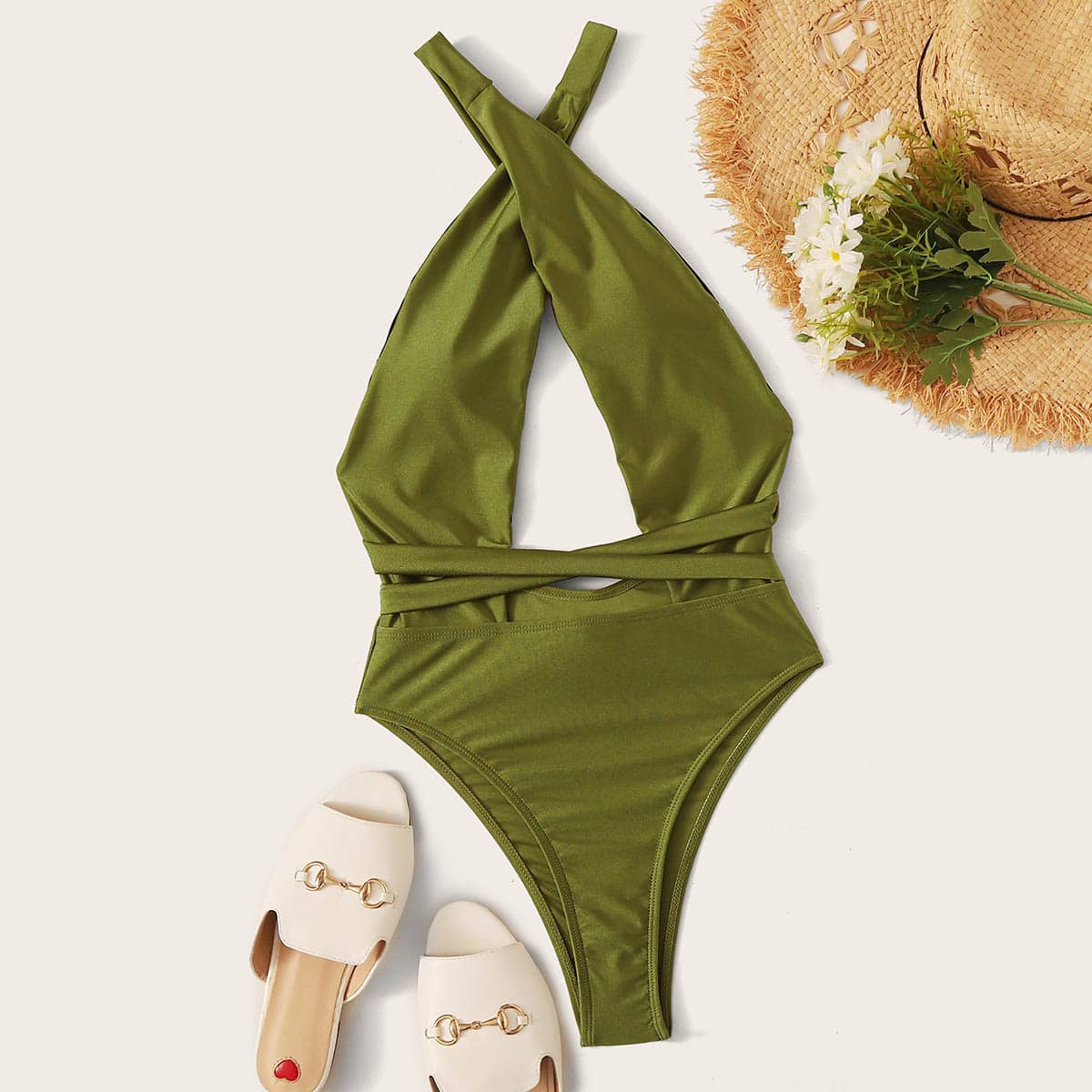 

Knot Back One Piece Swimsuit, Army green