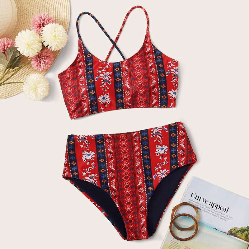 

Floral Lace Up Back Bikini Swimsuit, Red