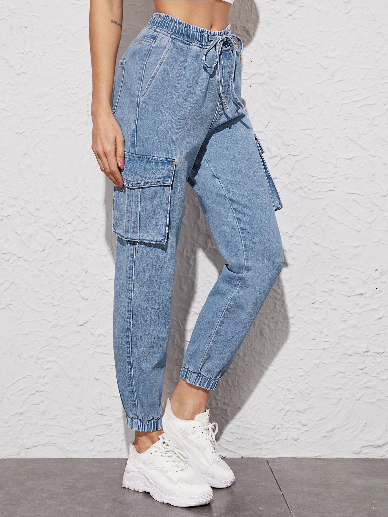 High Waisted Drawstring Waist Cargo Jeans thumbnail