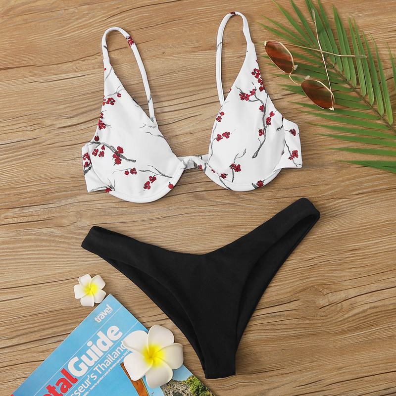 

Floral Random Print Underwire Bikini Set, Black and white