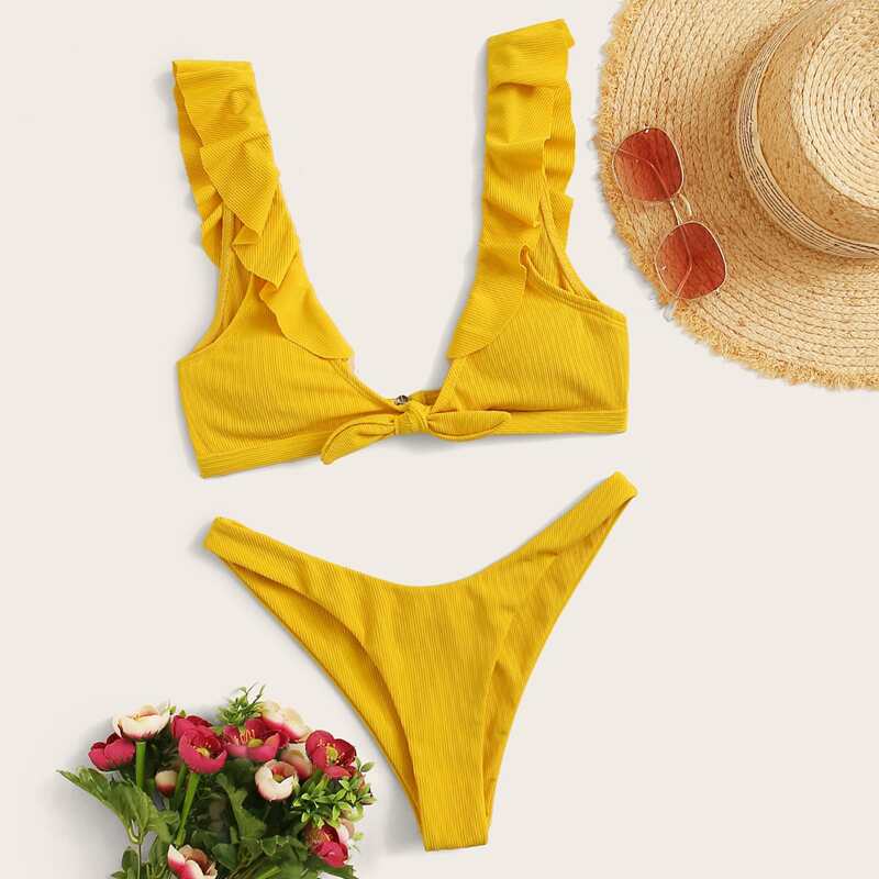 

Ruffle Trim Knot Front Bikini Set, Yellow