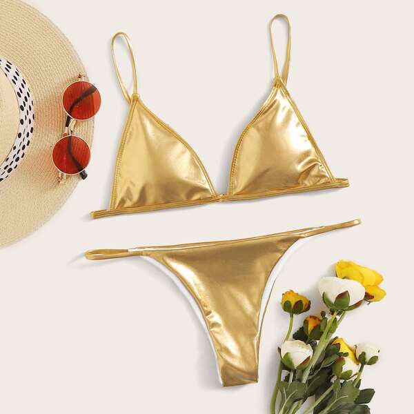 

Metallic Triangle Thong Bikini Swimsuit, Gold