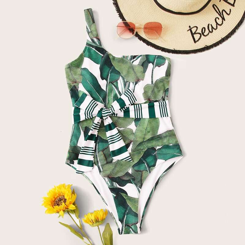 

Tropical One Shoulder One Piece Swimsuit, Green