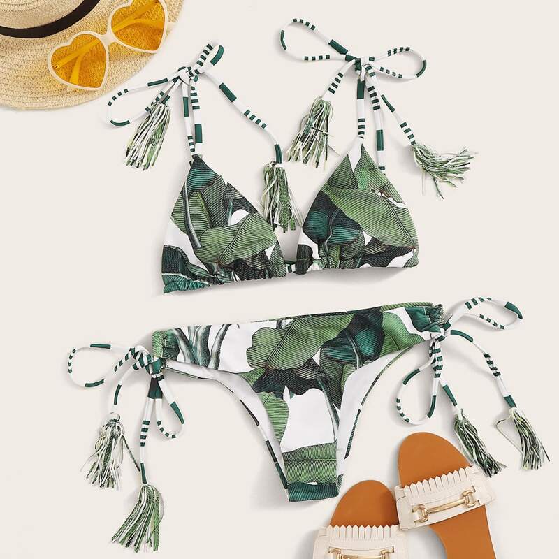 

Tropical Print Tie Side Bikini Swimsuit, Green