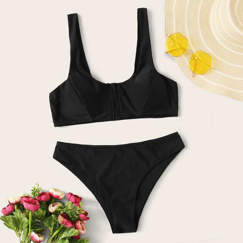 

Zipper Front High Cut Bikini Swimsuit, Black