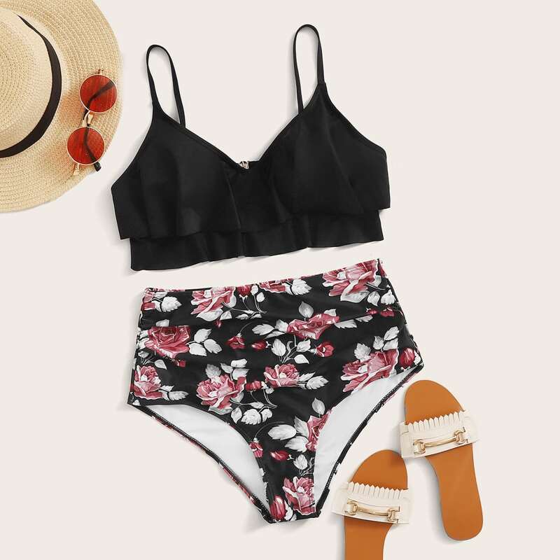 

Floral Print Layered Ruched High Waist Bikini Swimsuit, Multicolor