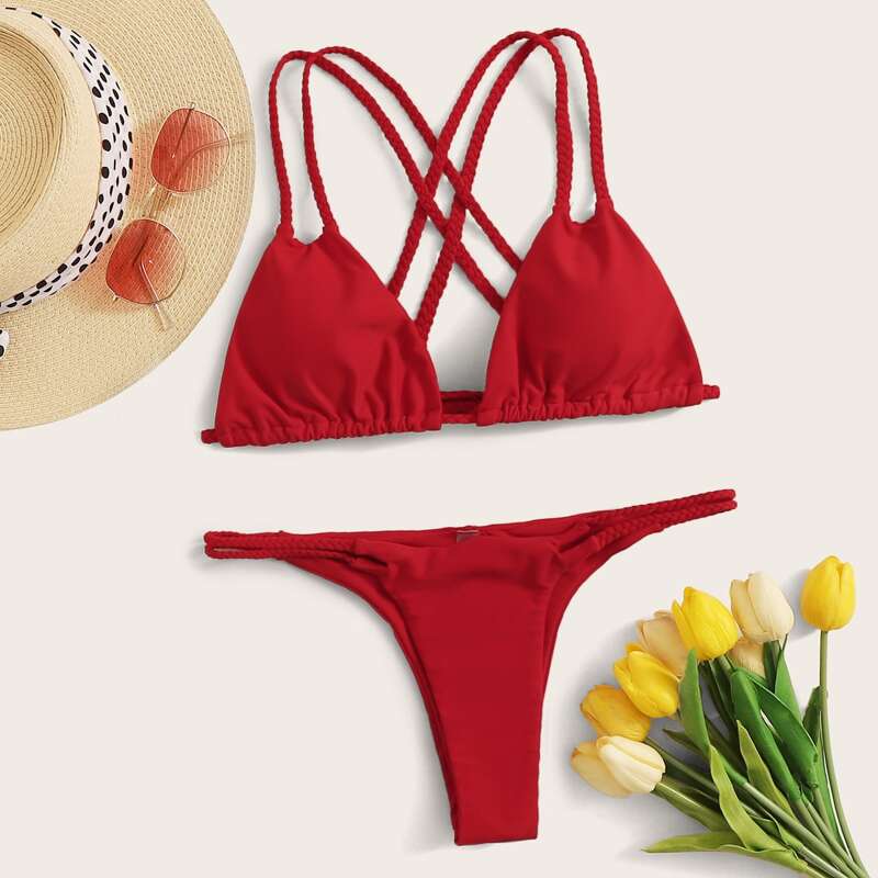 

Double Braid Triangle Thong Bikini Swimsuit, Red