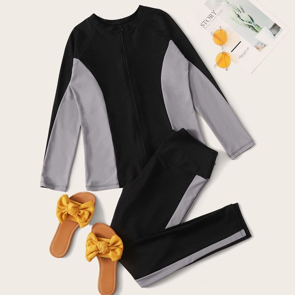 

Контрастный скромный купальник с молнией, Чёрный