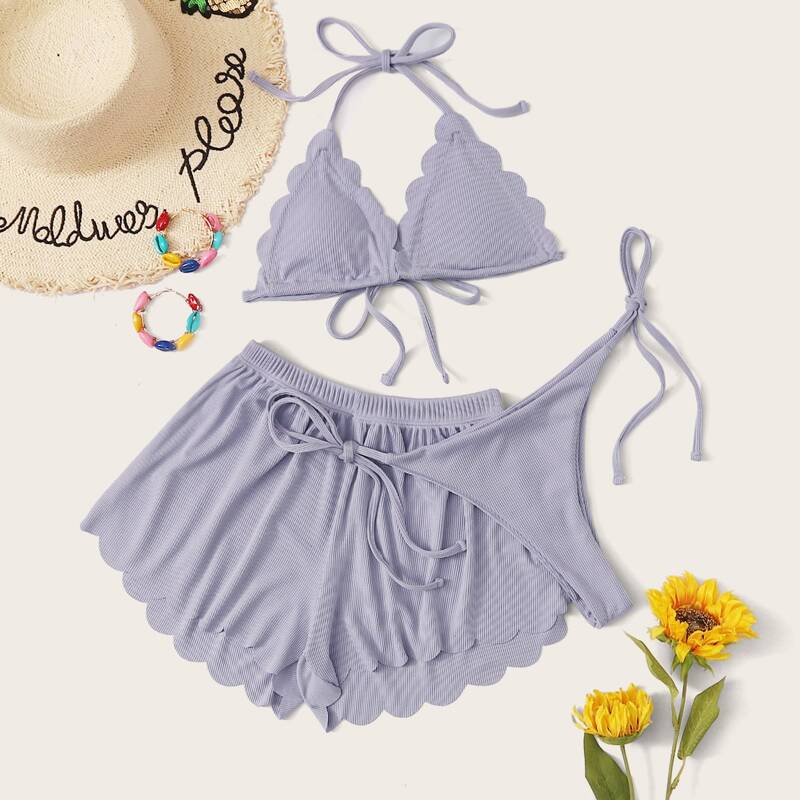 

3pcs Scallop Trim Halter Co-ord Bikini Swimsuit, Purple