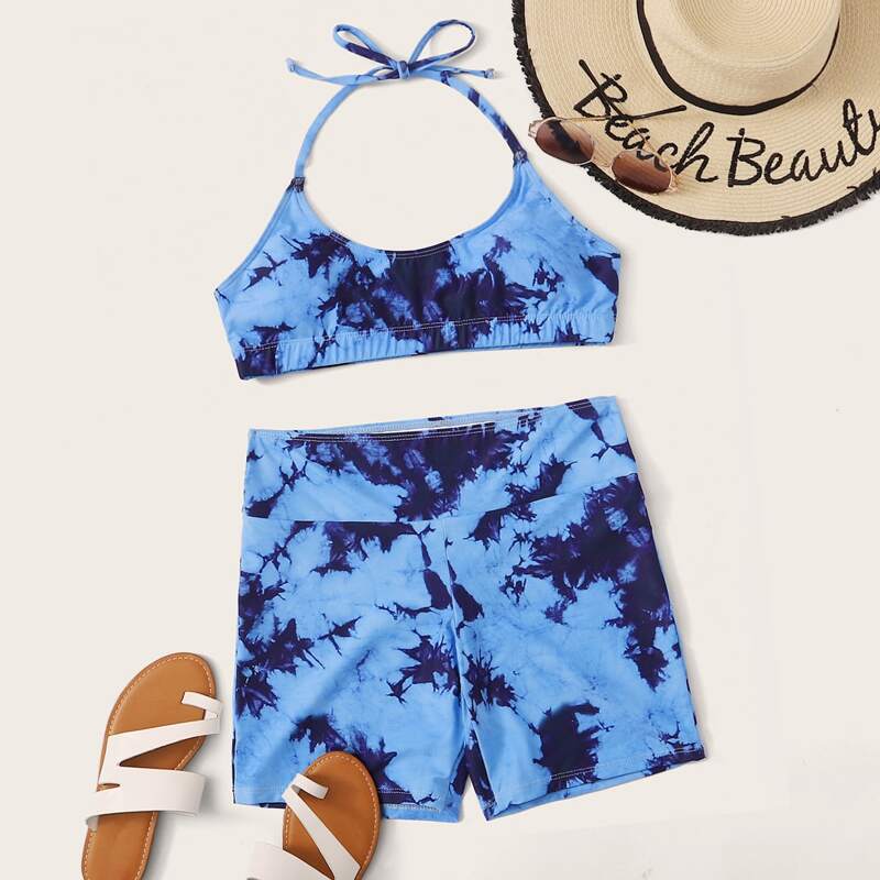 

Tie Dye Halter Top With Shorts Bikini Set, Blue