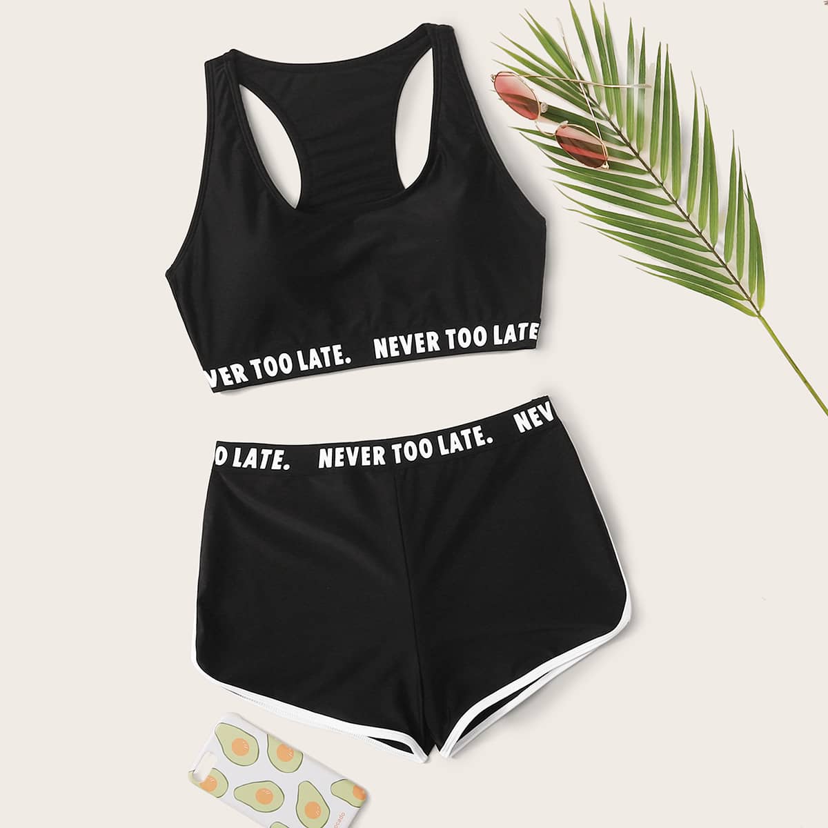 

Letter Tape Shorts Bikini Swimsuit, Black