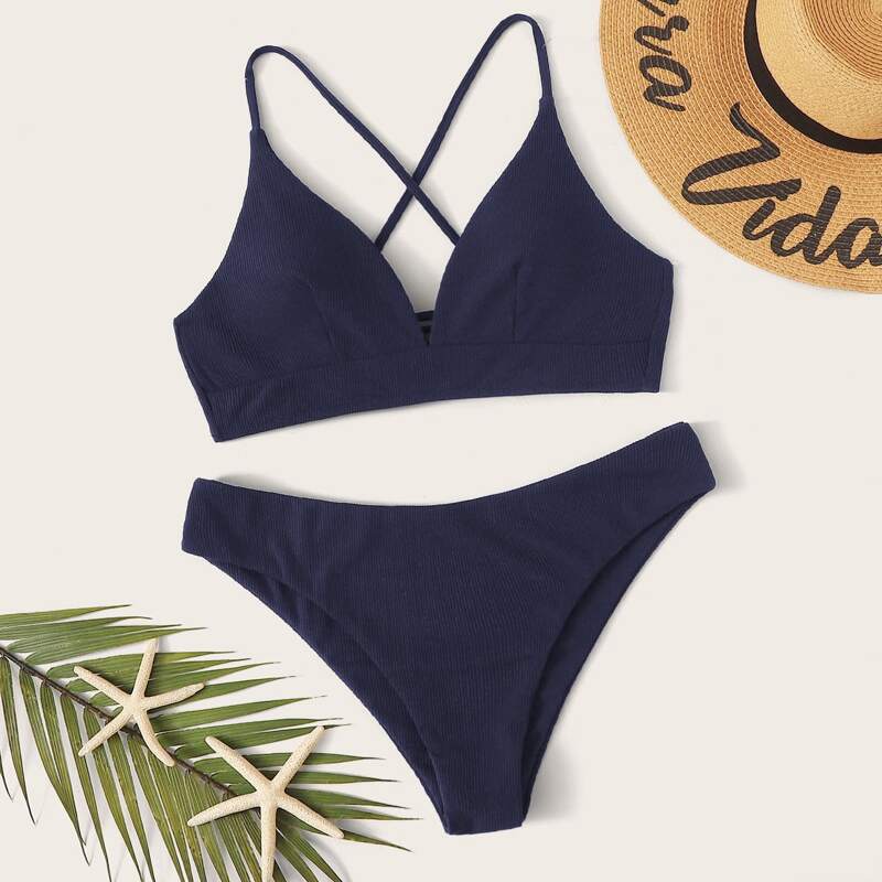 

Criss Cross Ribbed Bikini Swimsuit, Navy blue