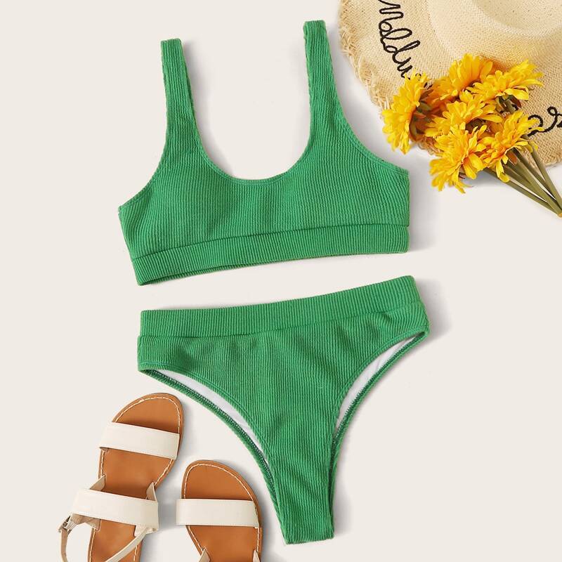 

Rib Top With High Waisted Bikini Set, Green