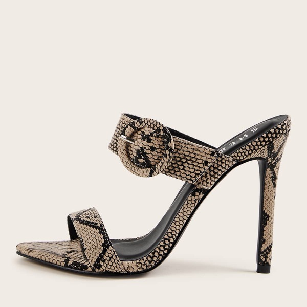 

Snakeskin Print Buckle Decor Stiletto Heeled Mules, Multicolor