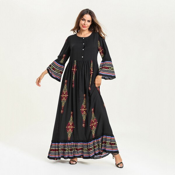 

Aztec Print Ruffle Hem Smock Dress, Black