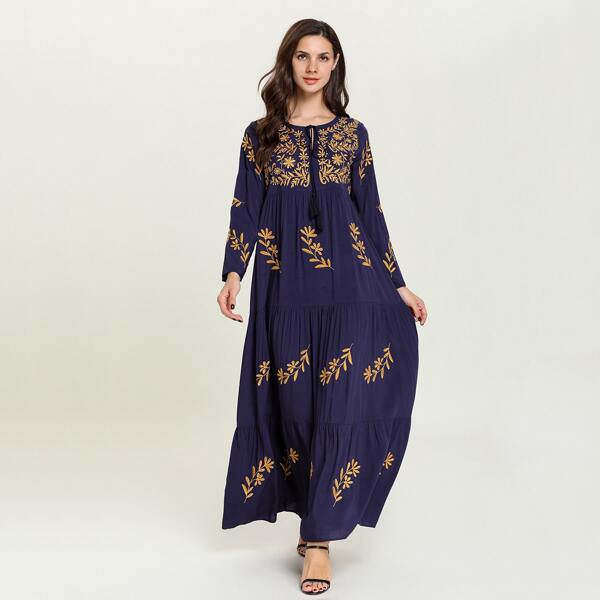 

Plants Embroidery Tassel Tie Maxi Dress, Navy blue