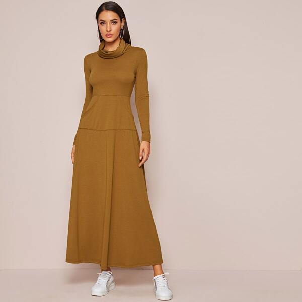 

Funnel Neck Pocket Front Maxi Dress, Camel