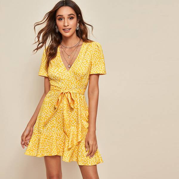 

Surplice Wrap Belted Ruffle Hem Ditsy Floral Dress, Yellow