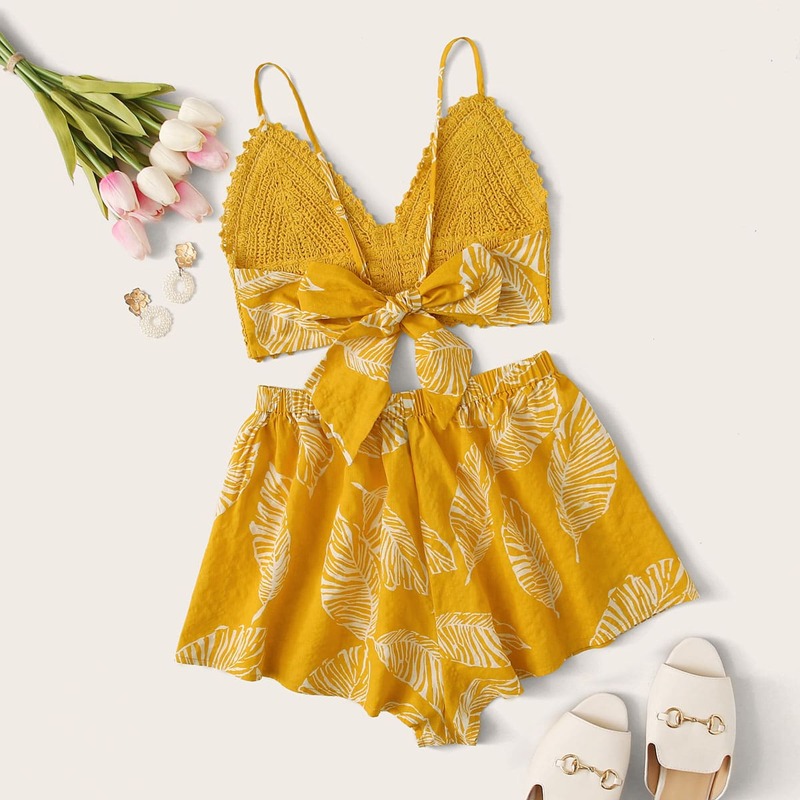 

Tie Back Crochet Bralette Top and Shorts Set, Yellow