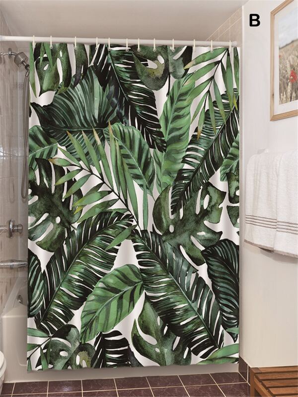 1pc Tropical Leaf Print Shower Curtain Shein Uk 1pc Tropical Leaf Print Shower Curtain, Shower Curtains Green