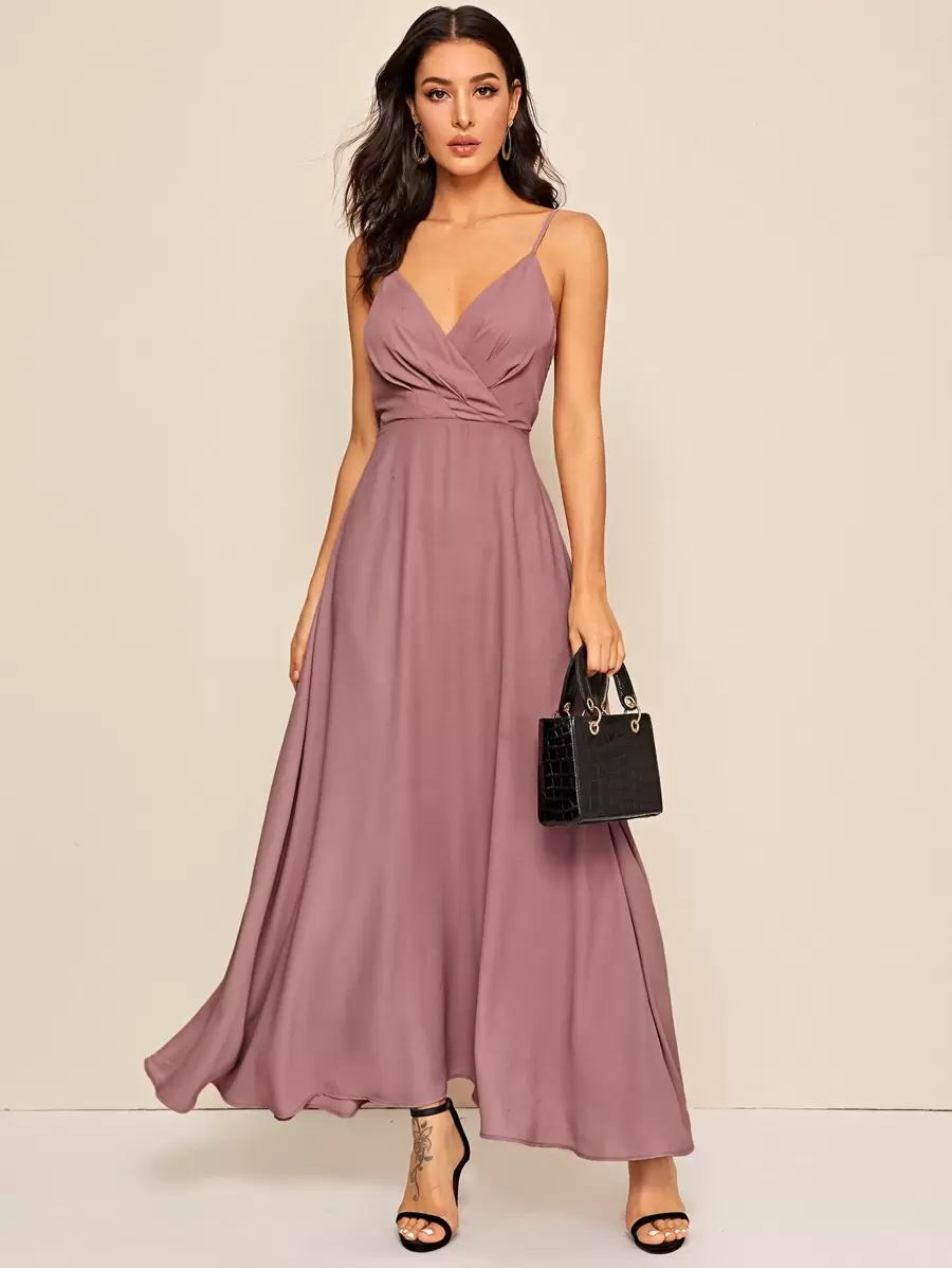 SHEIN Surplice Neck Solid Maxi Cami Dress - Dusty Pink - View 1