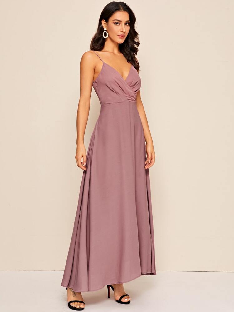 SHEIN Surplice Neck Solid Maxi Cami Dress - Dusty Pink - View 4