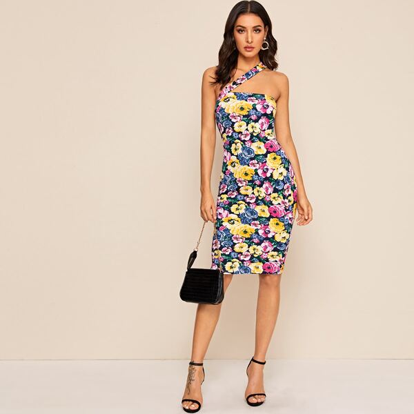 

One Shoulder Floral Pencil Dress, Multicolor