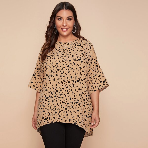 

Plus Button Front Dalmatian Print Blouse, Apricot