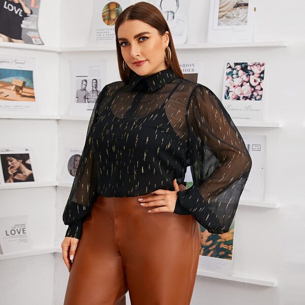 

Plus Allover Gold Print Lantern Sleeve Blouse Without Cami, Black