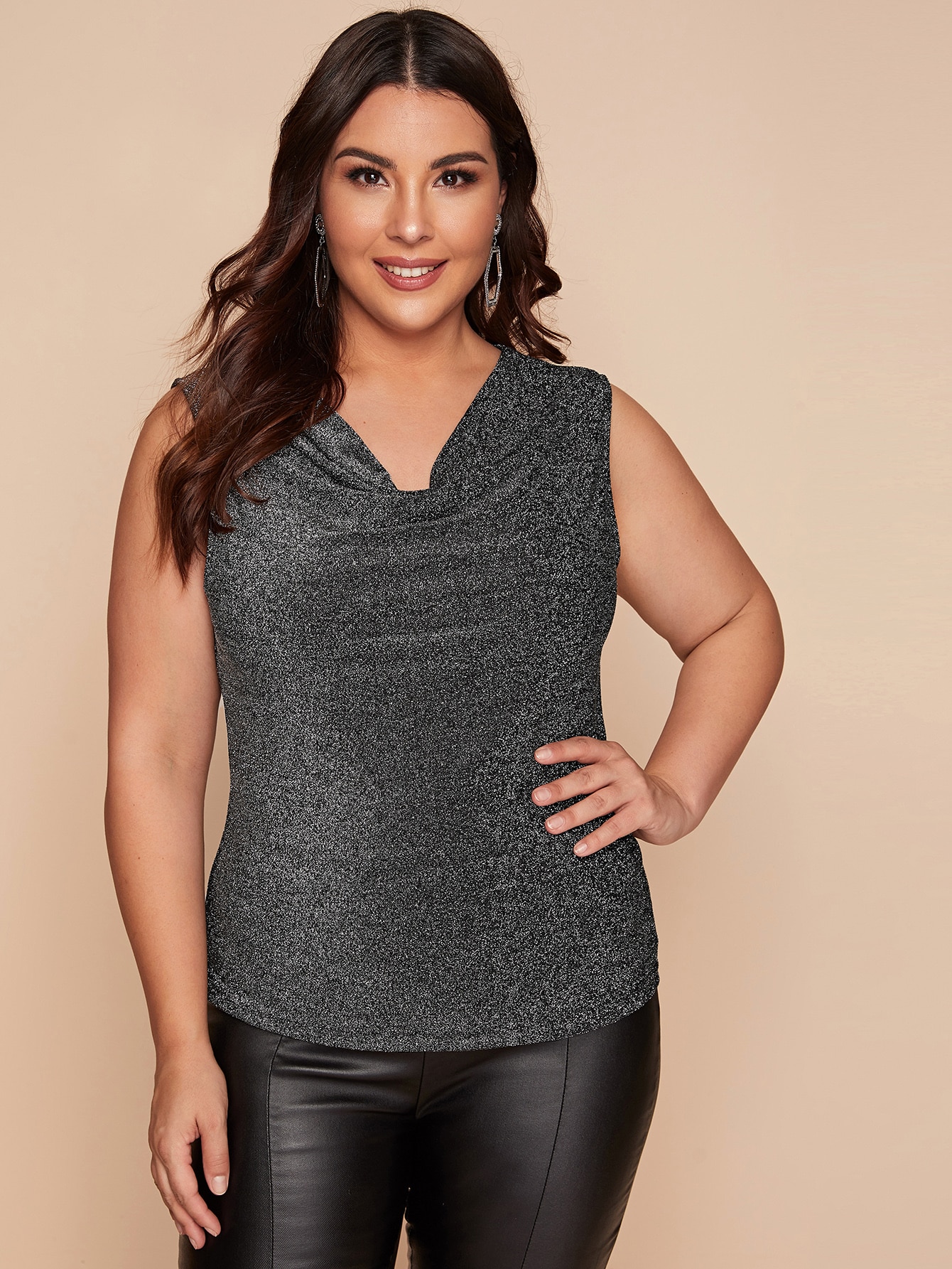Plus Draped Neck Glitter Tank Top thumbnail